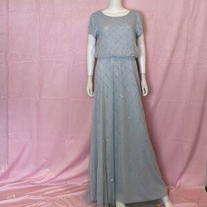 Adrianna Papell Glacier Blue Embellished Blouson Short Sleeve Evening Gown 14